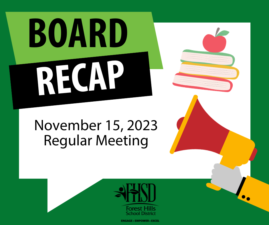 Board Recap, November 15, 2023 Regular Meeting text with images of books, a megaphone and an apple